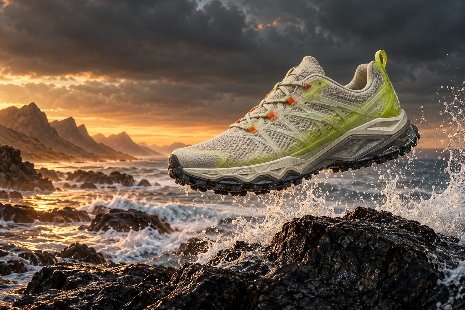 Imagined chalk and acid-lime trail shoe suspended above black coastal rock, with Atlantic spray and a glowing horizon